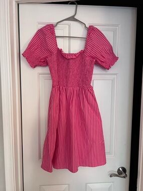 Draper James Hot Pink Striped Puff-Sleeve Mini Dress